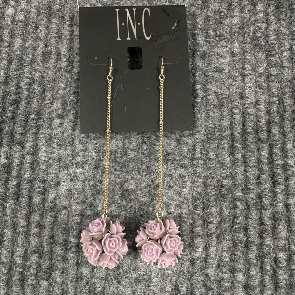 INC Rose Ball Long Drop Earrings Women OS Mauve Purple NEW Floral Linear Gold
